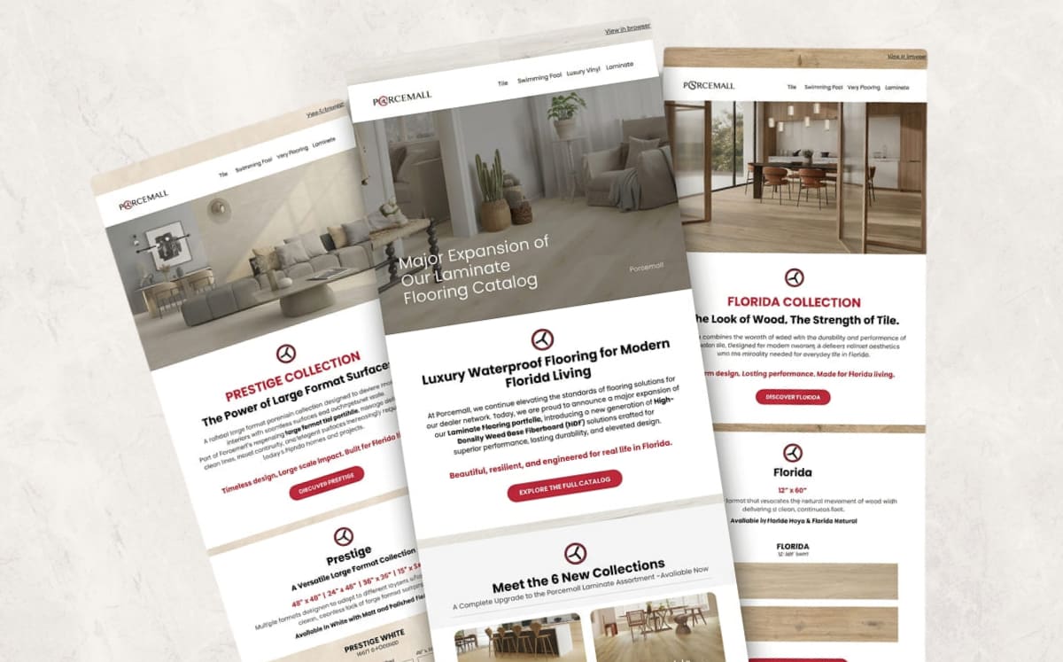 Three Porcemall dealer newsletters laid out, showing new collections and product news