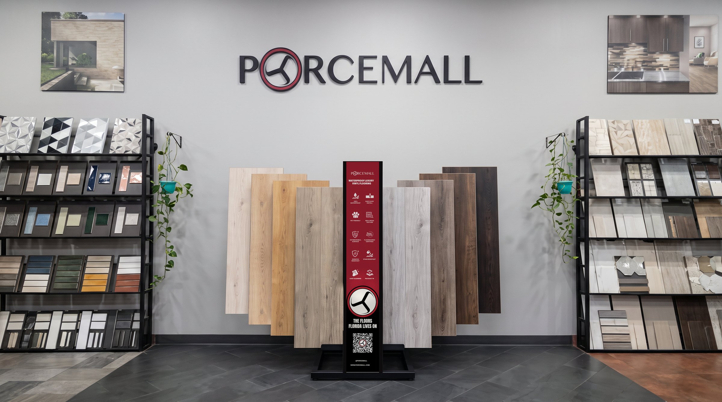 The Porcemall plank display standing in a flooring store