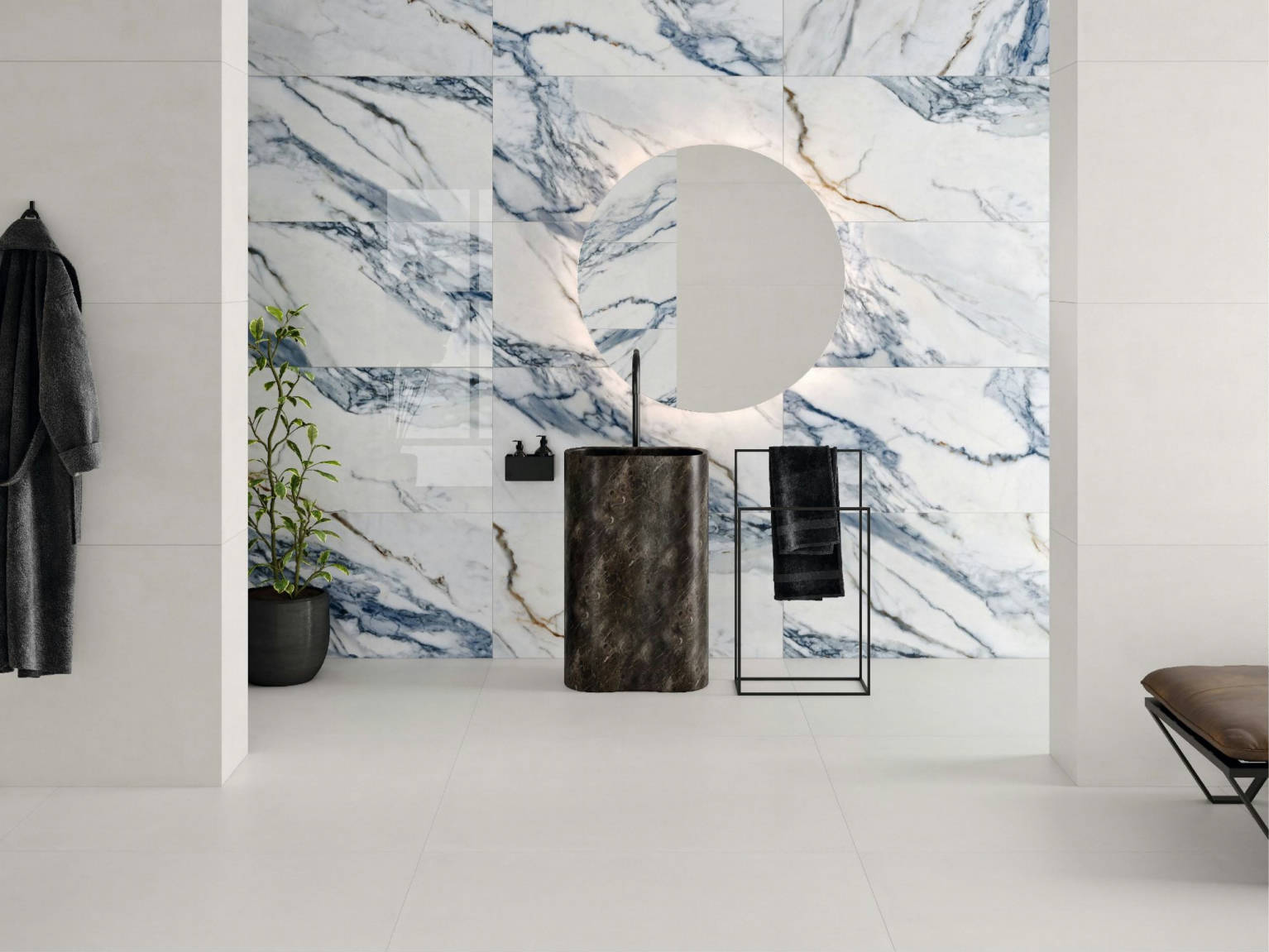 Annie Blue Marble Porcelain Tile in a finished installation
