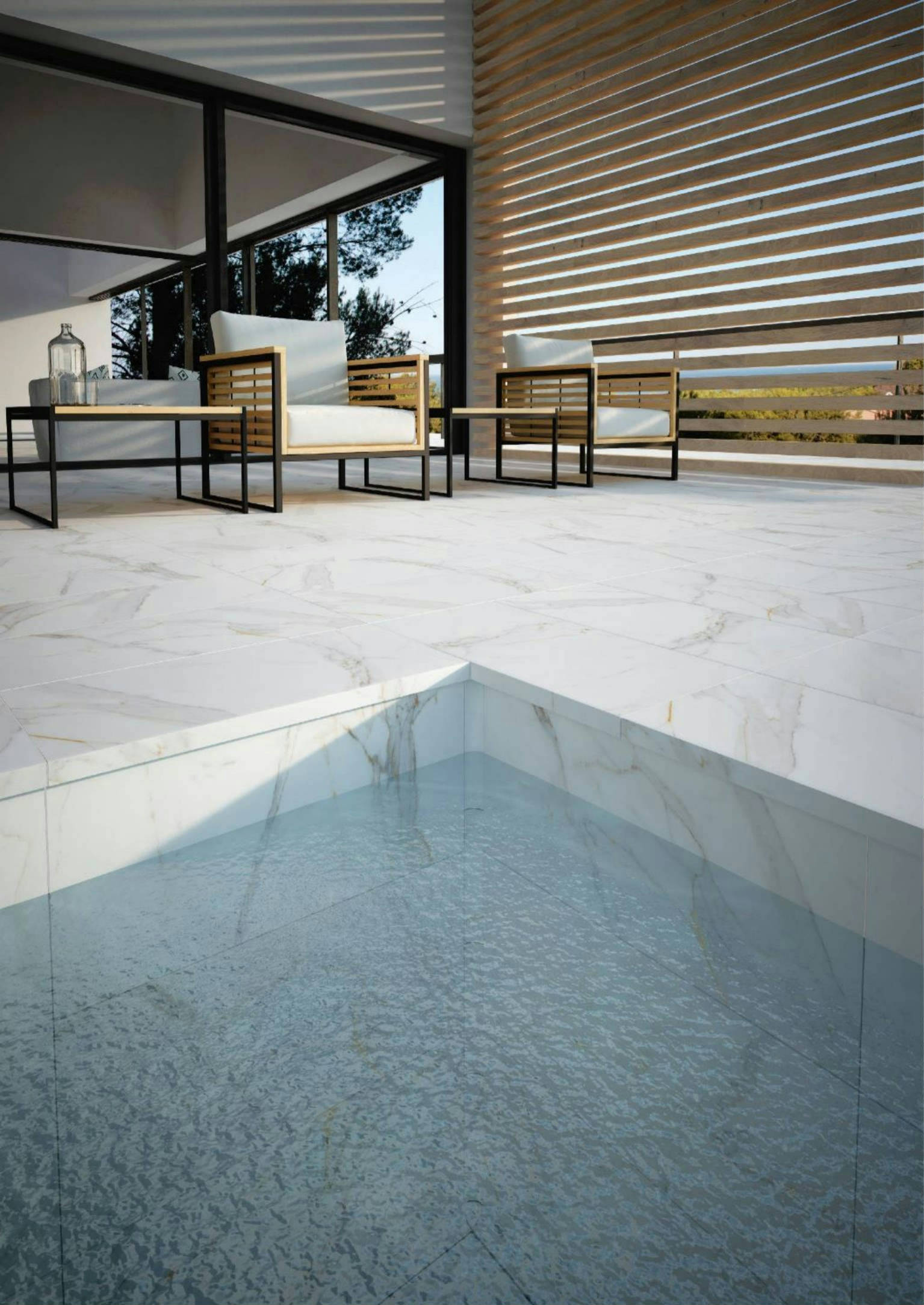 Marbles Calacatta Marble Porcelain Tile in a finished installation