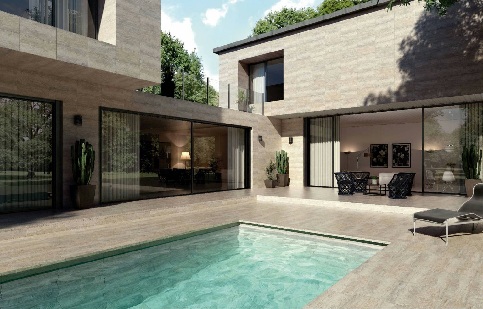 Marbles Travertino Travertine Porcelain Tile in a finished installation
