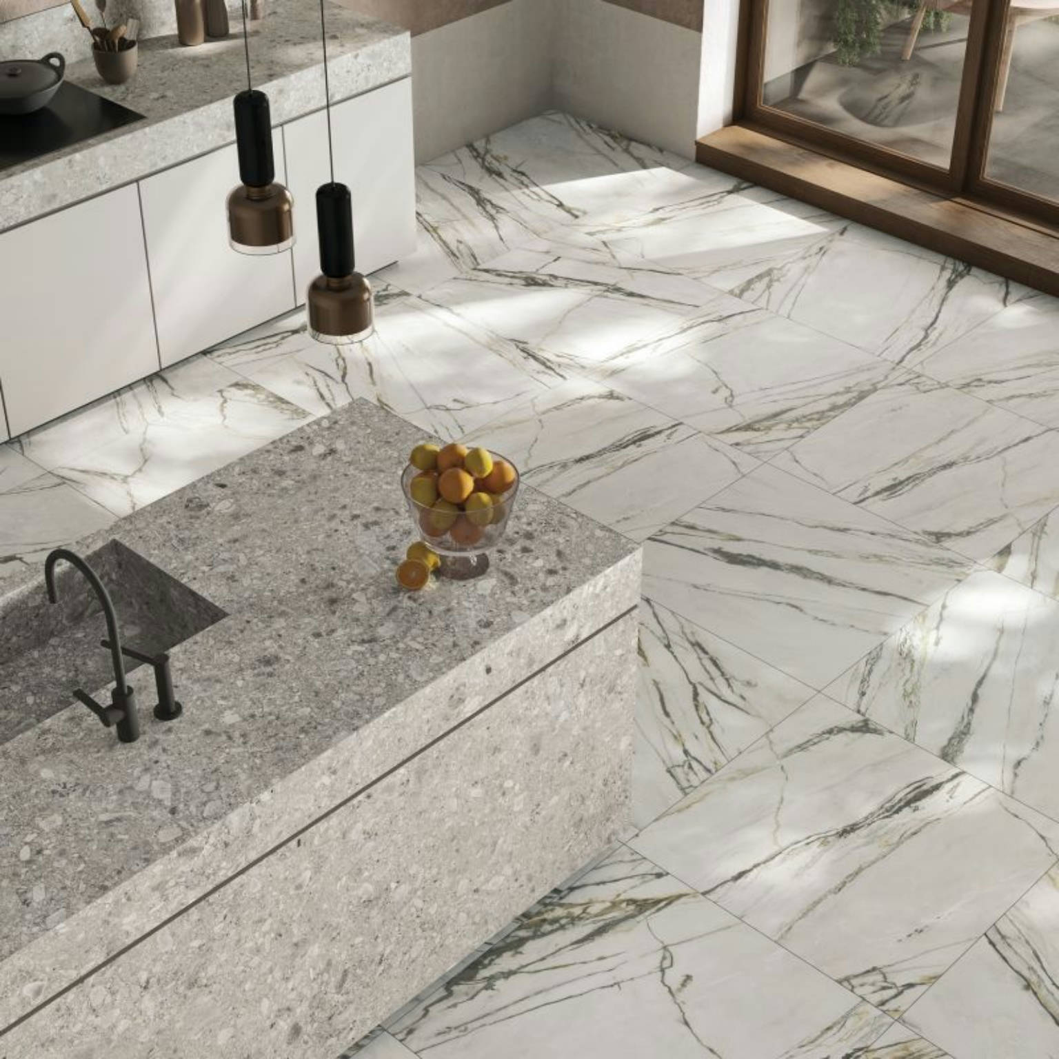 Calacatta Bamboo Marble Porcelain Tile in a finished installation