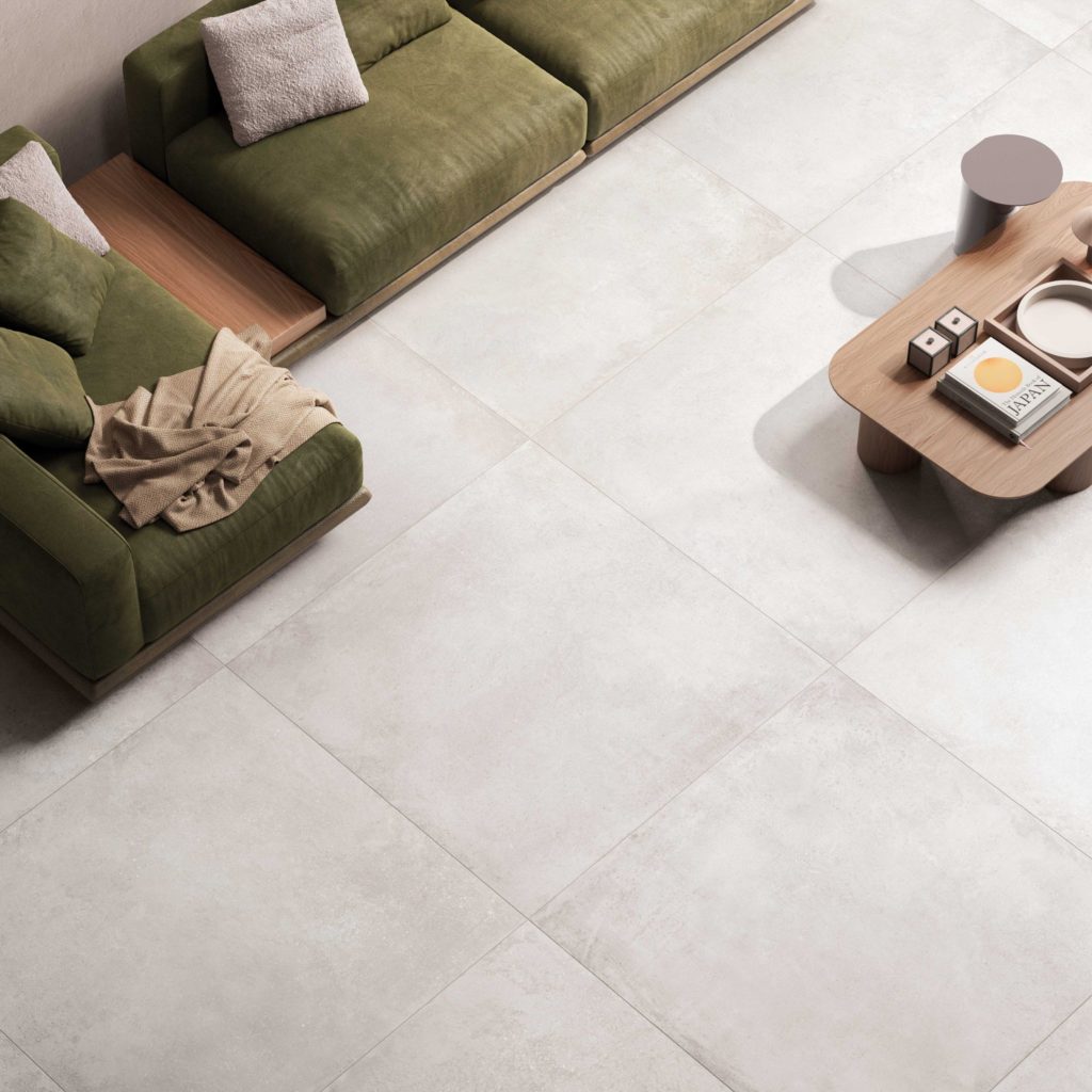 Walk Materials Concrete Porcelain Tile in a finished installation