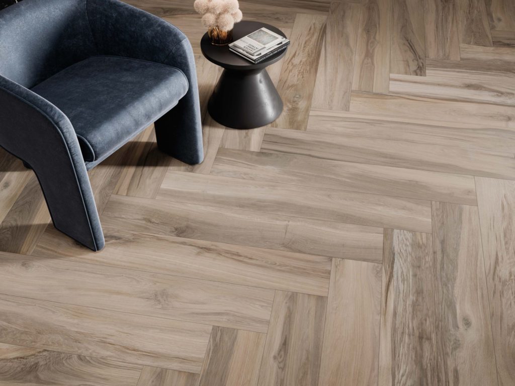 Oyster Wood Tile Porcelain Tile in a finished installation