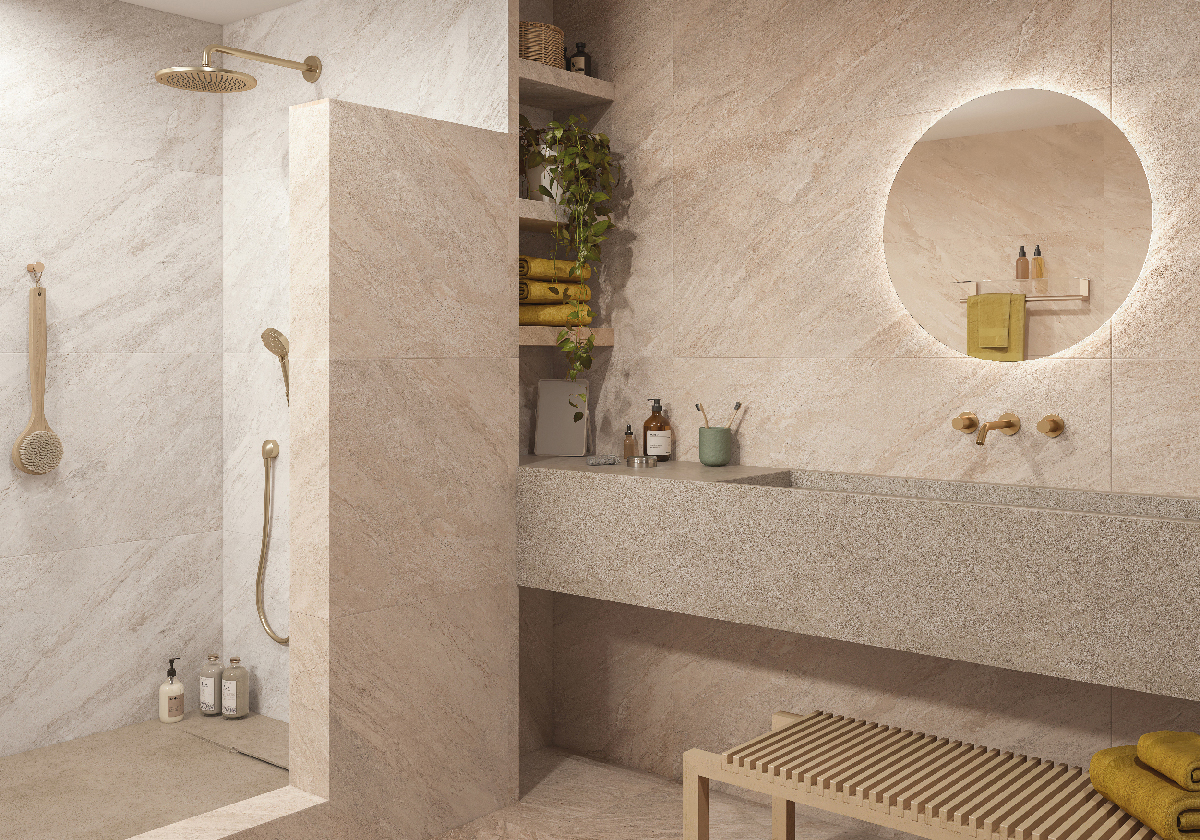 Quartz Stone Stone Porcelain Tile in a finished installation