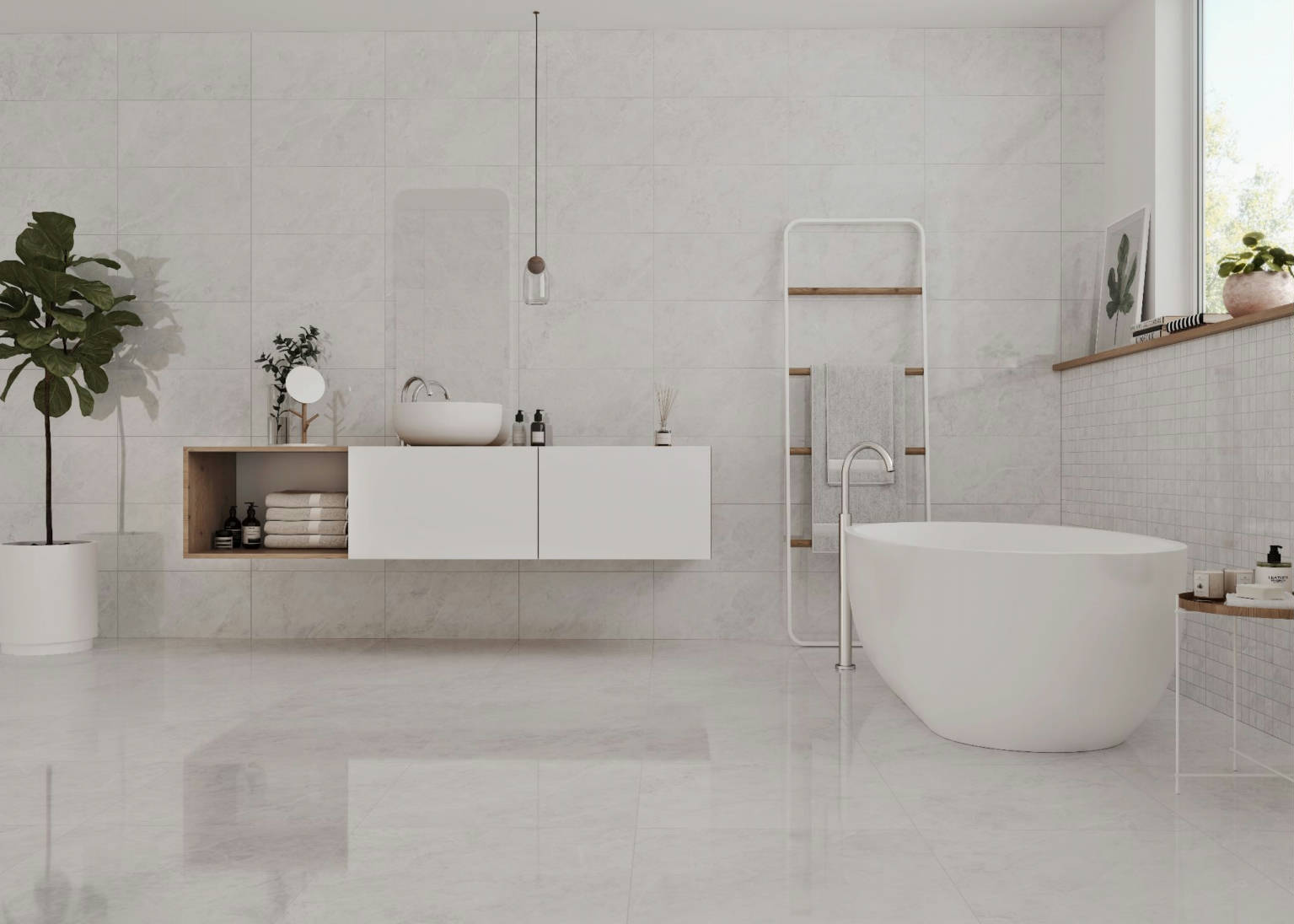 Morvedre Marble Porcelain Tile in a finished installation