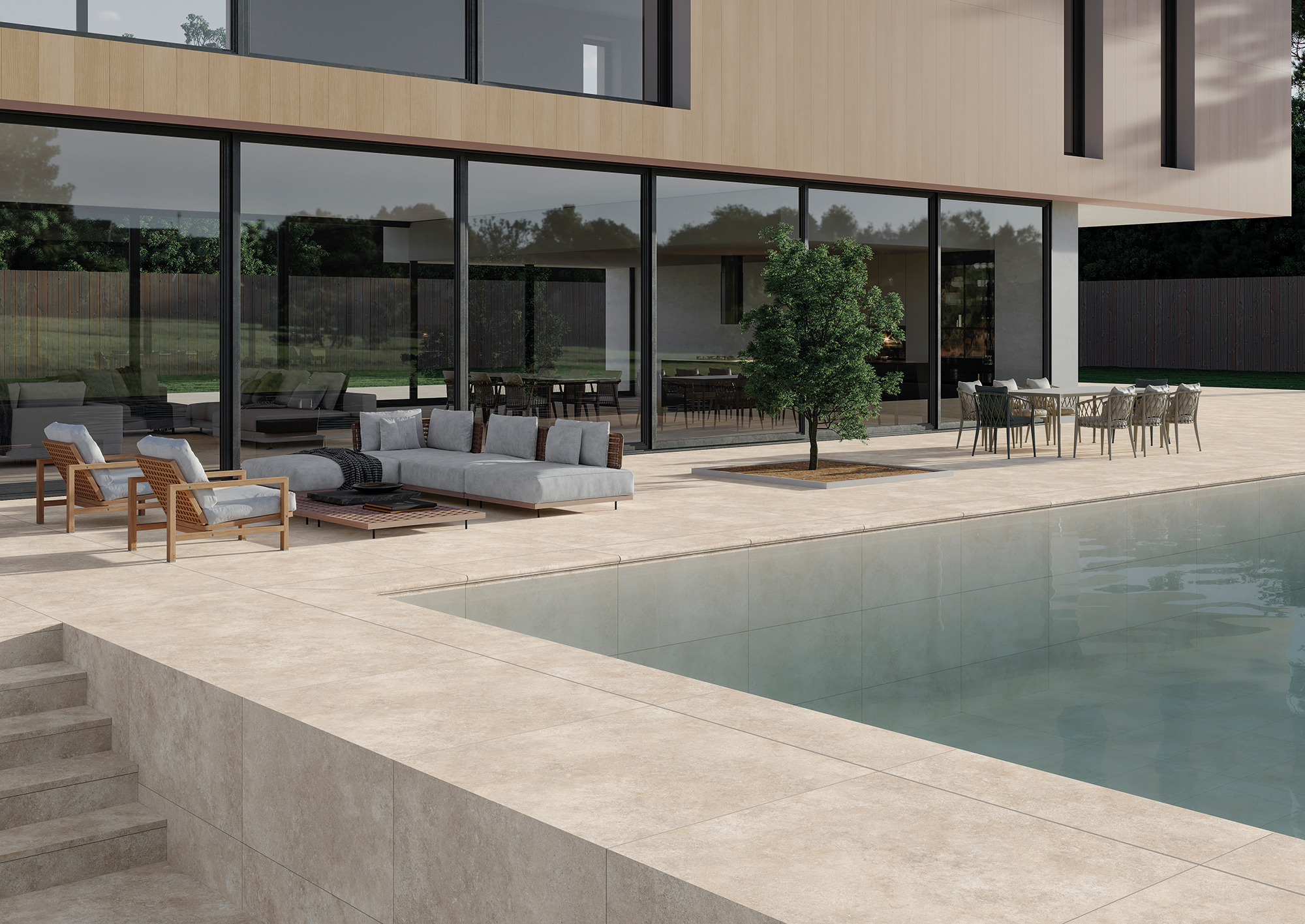 Provenza Travertine Porcelain Tile in a finished installation