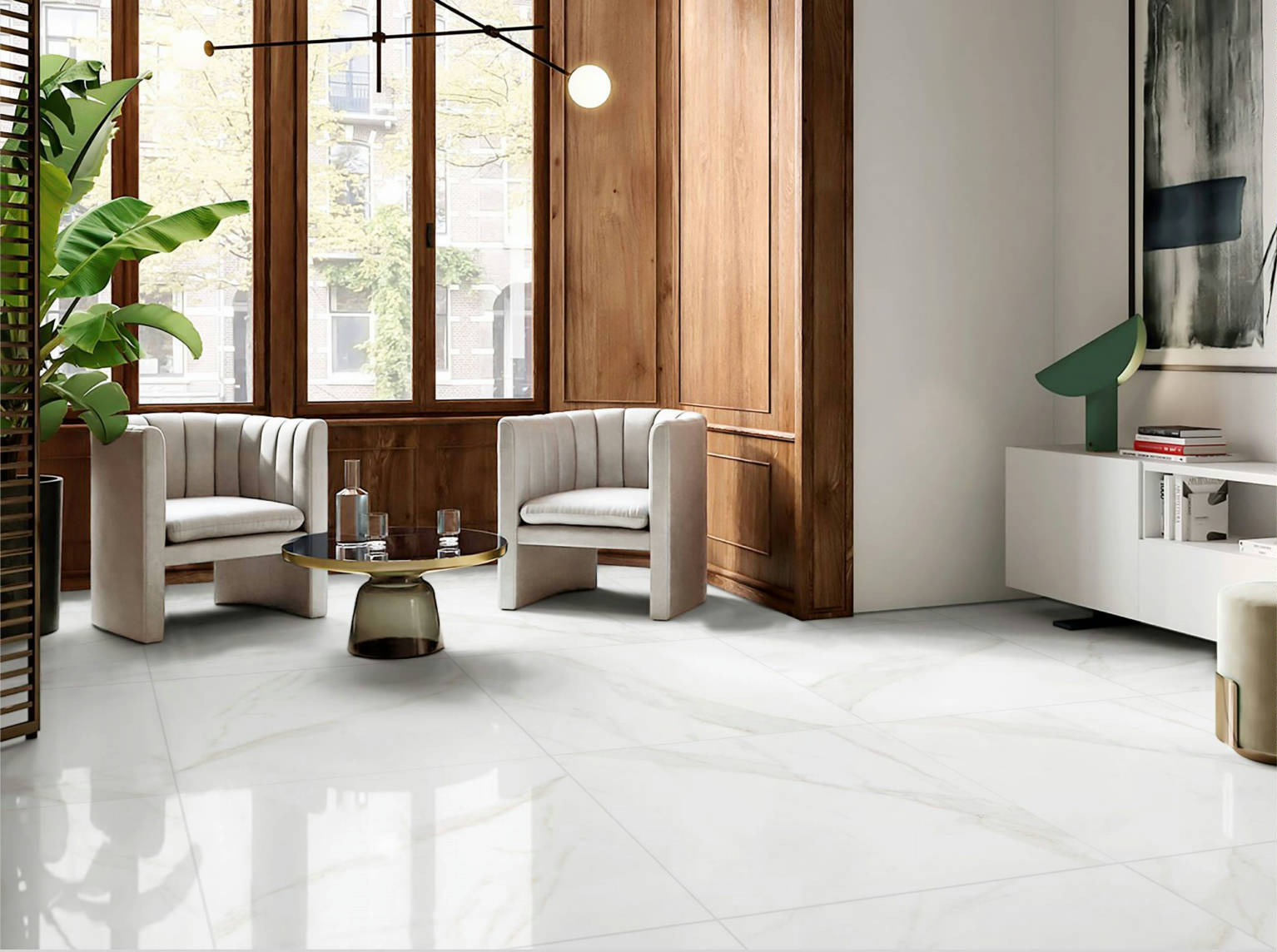 Arque Marble Porcelain Tile in a finished installation